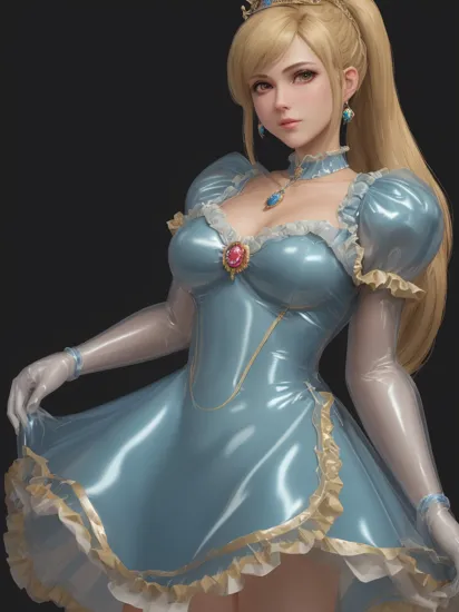 professional detailed (medium shot) photo, (samus aran) dressed in (latex (blue dress:1), (blonde ponytail), (jewelry, rosalina's princess dress, princess crown, jewel brooch, frilly sleeves), (perfect face, beautiful face, symmetric face), (shiny glossy translucent clothing, gleaming oily latex fabric :1.1)
ultra wide angle shot, 8k, RAW photo, photo-realistic, masterpiece, best quality, absurdres, incredibly absurdres, huge filesize, extremely detailed, High quality texture, physically-based rendering, Ray tracing,