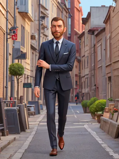 (kontrak_ti-4500:0.98),eye contact of a man,wearing a suit and tie, james bond,walking on a street,realistic photograph, detailed face,tattoos on neck, shot on arri alexa 65,side cut hair,subtle smile, (designer stubble beard:1.1),