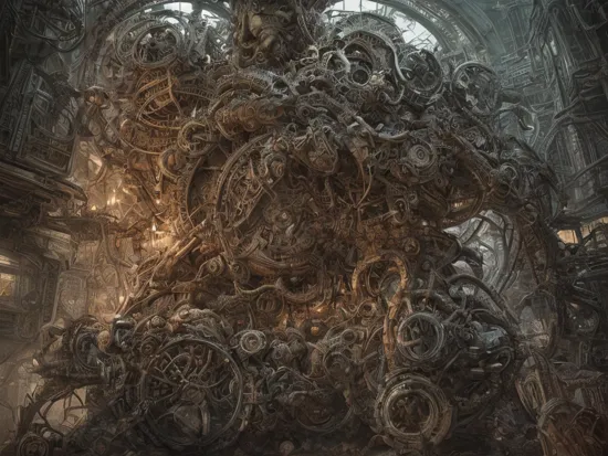 Create a highly detailed and original piece of art for the beginning of an animation sequence. The scene is set in a dystopian space city, intricately constructed like the inner workings of a Swiss watch, with massive interlocking cogs. Thousands of people, reminiscent of hamsters trapped in a wheel, are operating these cogs. Despite their fatigue, they cannot stop as their labor generates the essential oxygen for their city.
The artwork should reflect the dark, erotic, and morbid themes characteristic of H.R. Giger's style, blending biological and mechanical elements in a surreal, nightmarish landscape. Simultaneously, incorporate the psychedelic and visionary nature of Android Jones' work, with vibrant colors, complex geometric patterns, and dream-like, surreal imagery. The piece should evoke a sense of the eerie and otherworldly, a fusion of technology and organic life, symbolizing the relentless cycle of survival in a harsh, mechanical world.
Focus on creating a scene that is immersive and layered, with a depth that suggests a multi-dimensional space. The composition should provoke thought and emotion, using detailed elements and intricate patterns to create a rich visual tapestry. The overall atmosphere should be one of solemnity and resilience, as the people are tied to their task, a metaphor for the human condition in a technology-dominated existence