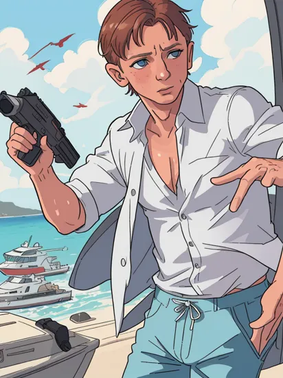 (realistic, real life:1.2),(hyper-realistic:1.3) cinematic action photo of (bruised) Daniel Craig as James Bond on a yacht, wearing bright colorful (Hawaiian shirt:1.2) & shorts aiming a (((pistol))),shooting a gun,shot on mirrorless camera,HDR,30mm,vivid colors, wounded 007, (cuts) on body, blood flowing, shot on Fujifilm x-t4, 007danielcraig, in a (marina),yacht club,docks,natural lighting,sea breeze 