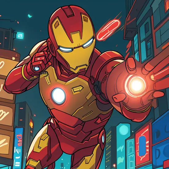 (iron man) angry with neon city background comic style