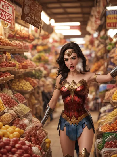 Photo of Wonder Woman defending a local marketplace, where vendors and shoppers find solace in her presence.
blurry, red lips, [smiling|mouth open]
