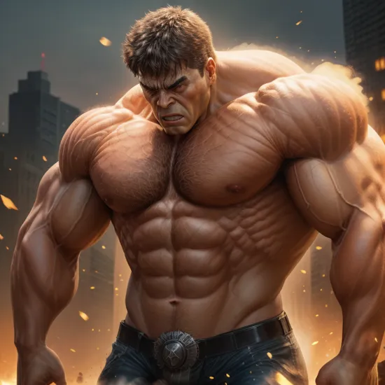 hulk, superhero, upper body shot, muscles bulging, streets, day, debris flying in the background, dramatic lighting, intricate details, masterpiece, absurdres, best quality, realistic, Highest Quality, (diffused soft light), dramatic lighting, highly detailed photo 