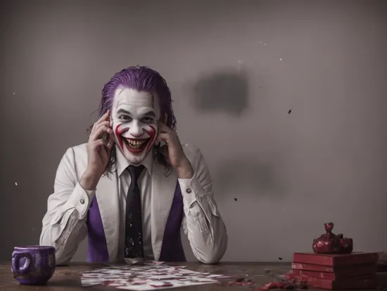 laughing joker, sitting at the table, purple atmosphere, bloody cards and drops of blood flying around,
epic realism, ((best quality)), ((masterpiece)), detailed soft oil painting, detailed background, dramatic cinematic lighting, soft edge lighting, professional, dramatic lighting, hard edge lighting,
ultra quality, 4k,(masteriece, best quality, 8k, ultra highres, highres:1.4), extremely detailed