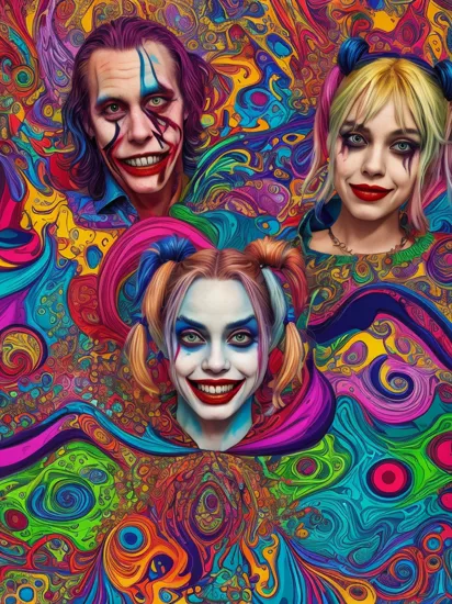 Psychedelic style, harley quinn and the joker, Vibrant colors, swirling patterns, abstract forms, surreal, trippy