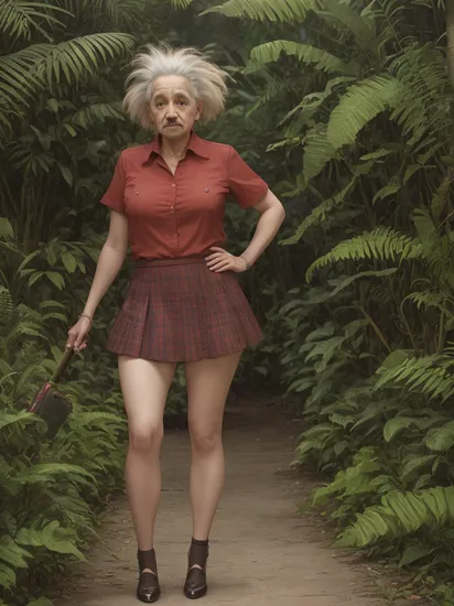 Albert Einstein standing with a short skirt and high heels, in the style of mysterious jungle, 32k uhd, gadgetpunk, rangercore, ricoh ff-9d, dark crimson and brown, vacation dadcore 