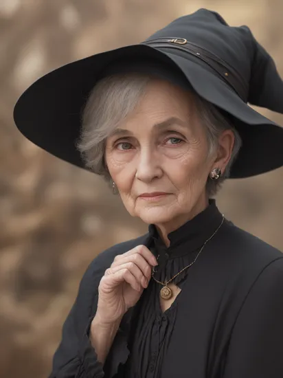 1girl, old woman, solo, looking at viewer, short hair, black hair, 1boy, hat, jewelry, upper body, outdoors, blurry, black shirt, black headwear, blurry background, photorealistic, old, old woman, Harry Potter style, witch hat, analog style