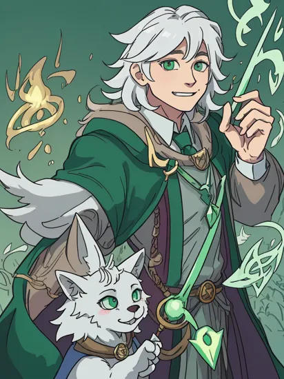 a Anthropomorphic::1.2 male furry white wolf dude wizard casting a spell from Slytherin(Harry Potter),Evil smile,Elderberry wand in hand,Raise his hand to use Avada Kedavra::1.3,Emerald green fluorescence