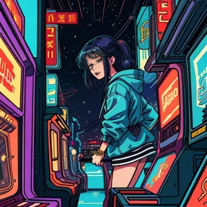 Vintage 90's anime style environmental wide shot of a chaotic arcade at night; a woman wearing streetwear playing an arcade game, by Hajime Sorayama, Greg Tocchini, Virgil Finlay, sci-fi, line art, Environmental arcade art.