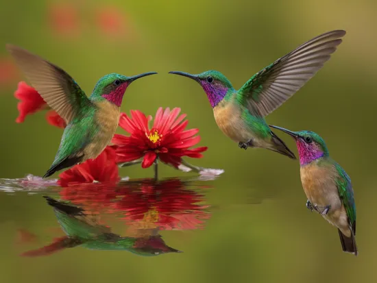 ((Best quality)), ((masterpiece)),(split image collage:1.2), macro photography, stil photography, floating colorful humming-bird, red flower, swamp area, bokeh, depth of field, reflections, photo realistic, StereoCam, 