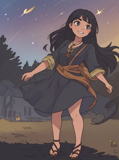 ((best quality)), ((highly detailed)), masterpiece, absurdres, (detailed eyes, deep eyes), (1girl), dynamic pose, full body, (((wide shot))), , pocahontas, black hair, long hair, black eyes, (dark skin), medium breasts, smiling, dress, necklace, sandals, nature, (outdoors, at a mansion, twilight, shooting star)