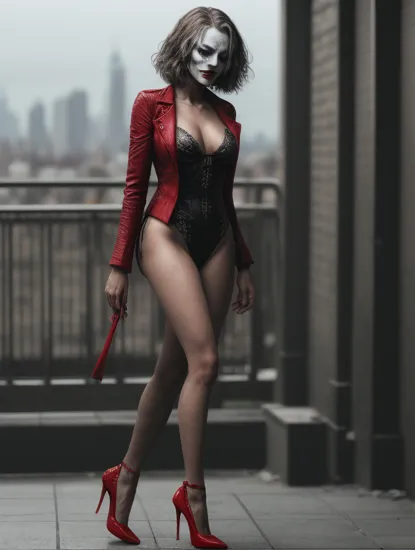 The Joker (woman) showing off legs in the bronx, legs in a legshow with (black high heels:1.1), wearing red leather coat and bikini bottom,  , high detail, sharp focus, photorealistic, moody, hyperdetailed, 8k, frostbite 3 engine, cryengine, depth of field, trending on artstation, digital art,( front facing:1.1), city in the background, psycho, psychopath