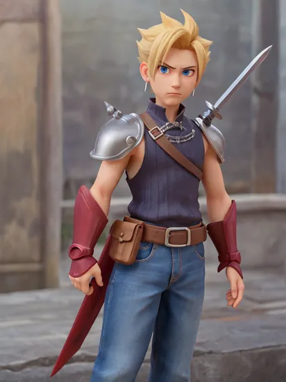 hungry clicker,  sketch, cloud strife, 1boy, armor, blonde hair, blue eyes, closed mouth, earrings, fusion swords, high collar, jewelry, looking at viewer, male focus, over shoulder, ribbed shirt, shirt, short hair, shoulder armor, shoulder belt, single bare shoulder, single earring, sleeveless, sleeveless shirt, solo, spiked hair, sword, sword over shoulder, upper body, weapon, weapon over shoulder, ((masterpiece)) 