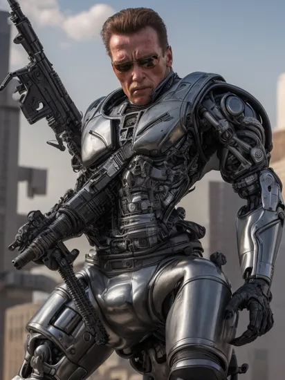 Terminator T-800, full body, Arnold Schwarzenegger,  in dynamics, highly detailed, packed with hidden details, style, high dynamic range, hyper realistic, realistic attention to detail, highly detailed, cyborg, Red eyes, beside  John Connor
