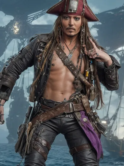 portrait of Cyborg ((Johny Depp)) as Captain Jack Sparrow wearing a detailed pirate Hat, detailed fingers, having map and compass in hands,  an ultra-realistic Cyborg Image, Detailed mechanics, Intricate details,  looking at the camera, Full Body,  Detailed Cyborg Face, wearing Cyborg pirate armor, Cyborg Pirate Hat,  Ultra HD, Neon Lights in the background, Dystopian, Huge Robotic water Ships in the background,  pale skin, Pirate pose, purple luminescent, glitter, high detail, ((dynamic pose)), Ship,  Xenomorph, guyver, action, detailed Cyber punk background, intense expression, surging power, floating particles, reflections, darkness, epic atmosphere