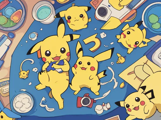 A cute Pikachu is playing with friends, simpstyle , Very detailed, clean, high quality, sharp image