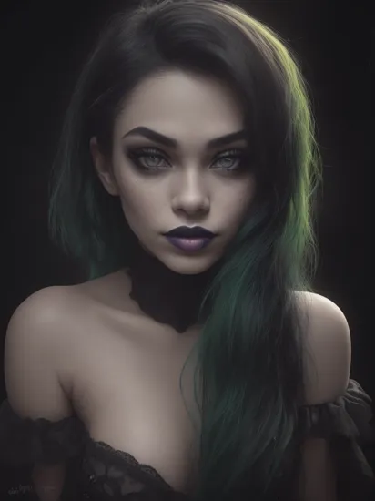 mexican young woman jenna ortega, (A Joker\(Joker 2019\), green hair, evil smile, epic, (to8contrast style), (Close-up portrait), open mouth, 8k RAW photo, highest quality, detailed hazel eyes, eye reflection, winged eyeliner, (looking at the viewer:1.3), best shadow, intricate details, interior, (bold hair:1.3), muted colors, high contrast style, glam shot, smoldering, (sultry:1.1), dof, bokeh, intense, languid, tempting, sensual, seductive, longing, yearning, smitten, minimal lighting, dramatic light, rich colourful, (background inside dark, moody, private study:1.3), stark contrasts, dramatic highlights, (black backdrop:1.2), dimples, fullness, plumpness, natural blue lips, bold color, alluring, captivating, striking, unforgettable, stunning, breath-taking, timeless beauty. (bare shoulders:1.2), headshot, (detailed beautiful face, detail skin texture, ultra-detailed body:1.1), <lyco:locon_jennaortega_v1_from_v1_64_32:1>