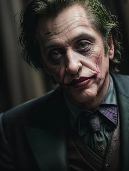 (Movie Still) from The Batman, (extremely intricate:1.3), (realistic), (Al Pacino:1.2) as the Joker, (the Joker's makeup on his face:1.4), the joker's smile