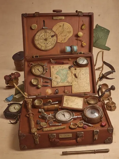 an old wooden table with an ancient treasure map, a compass, a rope, a pencil, old pictures of long gone adventurers, an old suitcase, an old leather diary, a magnifying glass, a sextant, Indiana Jones style, concept art, lit by an
old oil lamp, an old telescope