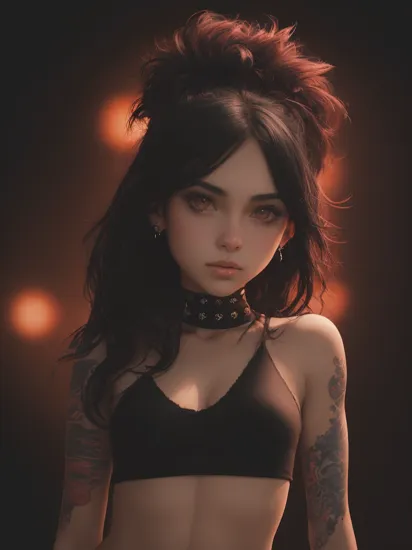 (full body:0.9) KIRANOIR, a girl with black hair, dark brown eyes, smirk, piercings, tattoo, character portrait, bare shoulders, crop top,  choker, red color palette background small details, ultra detailed, best quality, ,masterpiece, volumetric lighting, bright oil painting, drawn in medibang paint, 4k wallpaper, aesthetic, masterpiece, award-winning photography, macro photography vivid colors, photorealistic, atmospheric, cinematic, moody, rule of thirds, majestic, detailed, perfect anatomy 