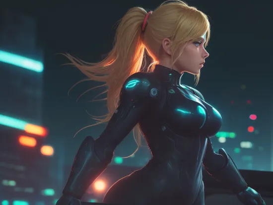 90s anime cinema movie style 16 by 9, photographic lighting with heavy shadows,
sexy samus aran as a futuristic cyberpunk (soldier:0.9), with a blonde ponytail, wearing a tight bodysuit with (armor:1.1), (on a (rooftop)), ((aiming) with a black sniper rifle:1.1)
detailed face, bright eyes, focused expression, (wind in hair:1.2)
background is a cybertech (city at night:1.2), (neon lights:1.3)
sideview, cowboy shot, depth of field, face focus, blur, bloom, (camera lensflare effect:1.1),
      