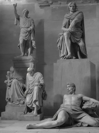 mads mikkelson "one eye"  gives "friends romans countrymen" speech in julius caesar, monochrome cinematic still photographed by hurrell, anthony by statue of caesar in senate hall, body on floor, cinematic off-camera light, loW angle light.
