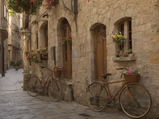 In this photograph, the composition is a masterpiece. It frames a narrow alley winding between weathered stone buildings. Sunset's golden light casts mesmerizing shadows. A bicycle with a basket of flowers leans against a wall, adding color.

At the center, a street violinist pours soul into the music. His bow creates an ethereal trail. Passersby pause, captivated by the melody and his virtuosity.

Beyond him, a sidewalk café invites observers. Wooden tables and chairs create a cozy ambiance, coffee cups steaming. Architectural details, golden light, and emotional music meld into an astonishing scene, capturing a suspended moment of urban life and artistic passion.