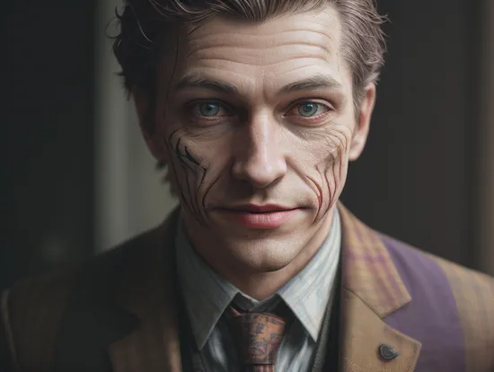 closeup selfie photo of a (abandoned scarecrow) being The Joker. purple suit, orange shirt, teal hair with black details, cruel pose, Surrealism, anaglyph, stereogram, tachi-e, pov, atmospheric perspective, 8k, super detail, accurate, best quality, in gotham city, scrutinized theme, perfect framing, modern art, purple tie, orange shirt and purple suit, smiling face, white makeup facial, complex background, [[teal and orange]], slate gray atmosphere, perfect lighting, perfect shading, (photorealistic:1.6), epic, realistic, faded, neutral colors, ((((hdr)))), ((((muted colors)))), intricate scene, by bugmAIster, artstation, hyperdetailed, cinematic shot, warm lights, dramatic light, intricate details, vignette, octane render, unreal engine, highly detailed, intricate. , DonMCr33pyN1ghtm4r3