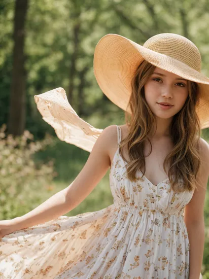 Best portrait photography, 35mm film, natural blurry, 1girl, sun dress, wide brimmed hat, radiant complexion, whimsical pose, fluttering hair, golden sunlight, macro shot, shallow depth of field, bokeh, dreamy,
,