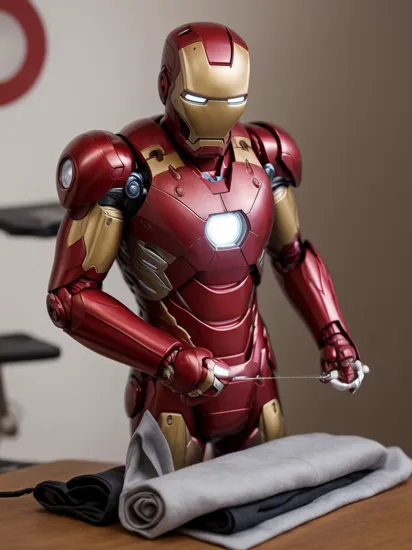 Stopmotion, tilt-shift Iron Man ironing his shirt with flatiron