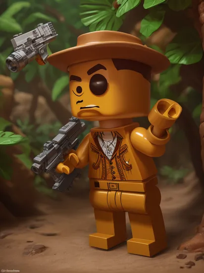LEGO BrickHeadz,Indiana Jones with a gun in the jungle , masterpiece, high detail, 8k, high detailed skin, 8k uhd, high quality