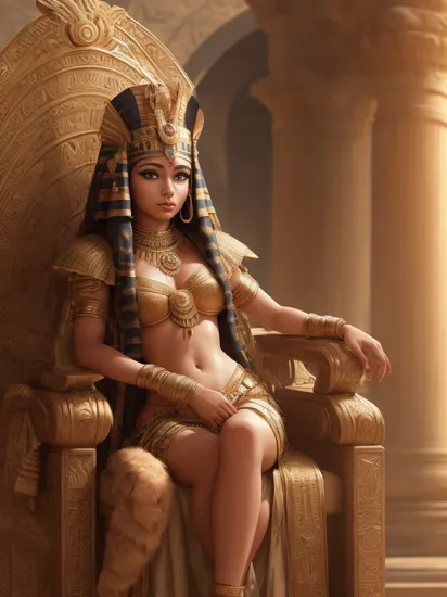 , Beautiful female pharaoh Cleopatra sitting representative on her throne, humanoid feline_hybrid, furry, old Thebes, palms, water, sun beams, 8k, uhd, insane details, (detailed fur:1.2), award-winning photo