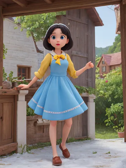 masterpiece,best quality,highres, ultra-detailed, solo, 1girl, BREAK, snow white,BREAK, blue and yellow dress,yellow skirt, red bow, large breast, village house, summer,
 