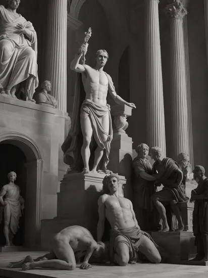 mads mikkelson gives "friends romans countrymen" speech in julius caesar, monochrome cinematic still photographed by hurrell, anthony by statue of caesar in senate hall, body on floor, cinematic off-camera light, loW angle light.