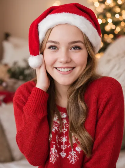 portrait photography, red ugly sweater, Santa hat, cozy room, Christmas, sweet smile, masterpiece, high quality, soft colors, bokeh, (high detailed skin:1.1)
  luv