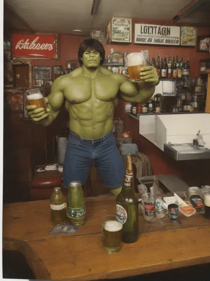 1980 polaroid photo of Hulk having a beer in a dive bar, ultra realistic, beer bottles, cigarettes, smokey