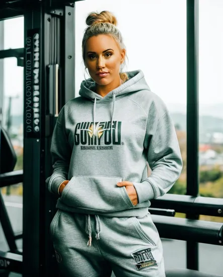 @Laura  New Zealand Fitness champion. Gangster rapper. Hip-hop. Baggy sweatpants. Baggy Hoodie. Red bandana. long blonde golden hair tied up in a bun.