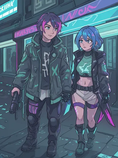 Two people, hologram Cortana and camouflaged colored Master Chief, reimainged in a cyberpunk universe, cyberpunk, cyberpunk style, cyberpunk style art, cyberpunk surroundings, glowing multicolored neon lights, glowing tattoos, rain, raining, lightning, cinematic scene, detailed background, masterpiece, best quality, high quality, highres, absurdres, 16k resolution   