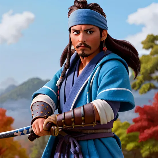 Johnny Depp, Determined samurai @JohnnyDepp, wielding katana with skill, ((dressed in a blue and white robe)), intense focus in eyes, traditional Japanese hairstyle, action pose amidst a cloud of dust, serene landscape in the background, autumn leaves hinting at a change in seasons, the embodiment of bushido spirit.