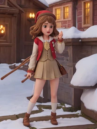 30 year old Emma Watson as  Hermione Granger wearing a santa suit and santa hat in Harry Potter,  high heels, bushy brown hair and brown eyes, long hair, harry potter movies style, anime style, (detailed facial features)++,(detailed face)1.2 (freckles)1.1(cute beautiful face)1.3(((full body))), (snowy hogwarts on background)+, (cinematic look)++++, (snow)+, (christmas)+, raw photo, Fujifilm XT3, professional  photo, extremely intricate, amazing, best quality, 4k resolution, details, ultra-detailed,  natural skin texture, soothing tones, intricate scene, insane details, intricate details, hyperdetailed, low contrast, soft cinematic light, rich vibrant colors, exposure blend, hdr, faded, slate atmosphere, Studio Ghibli,  ArtStation, CGSociety, Intricate, High Detail, Sharp focus,