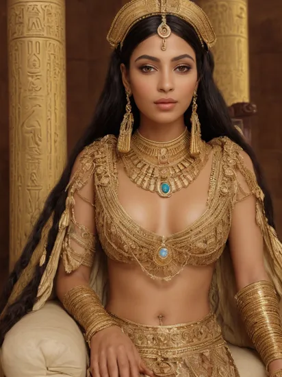 Camera Angle: Close-up shot capturing Cleopatra reclining on an ornate golden throne, gazing into the distance with a regal air.
Framing and Cropping: Subject fills the frame, focusing on her head and upper body, showcasing her royal presence.
Lighting: Warm, golden light reminiscent of ancient Egyptian luxury.
Background: Luxurious palace adorned with intricate hieroglyphs and opulent draperies.
Hair: Elaborate, braided, and adorned with gold accessories.
Eyes: Mesmerizing dark, kohl-lined eyes that reveal both wisdom and allure.
Complexion: Smooth, with a hint of a sun-kissed glow.
Body Type: Elegant and slender, reflecting regal poise.
Style: Lavish Egyptian attire with gold jewelry and richly decorated fabrics.
Skin Blemishes: Virtually flawless, capturing Cleopatra's timeless beauty.
Background: Opulent Egyptian palace with grand columns, precious artifacts, and a sense of historical grandeur.


