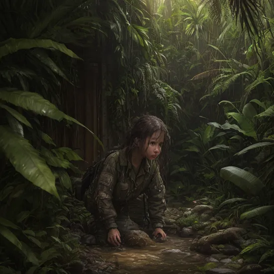 seeds, photorealistic, facial lighting, depth, Inuit, trending on Artstation, High Detail, hyperdetailed, (masterpiece:1.2), wearing dirty worn-out mechanic jumpsuit, intuition, you can see a huge music studio integrated into a jungle, cinematic atmosphere, wet clothes, detailed skin, dreamy, looking at viewer, architectural streets, photography, (glossy lips, dark theme:0.9)