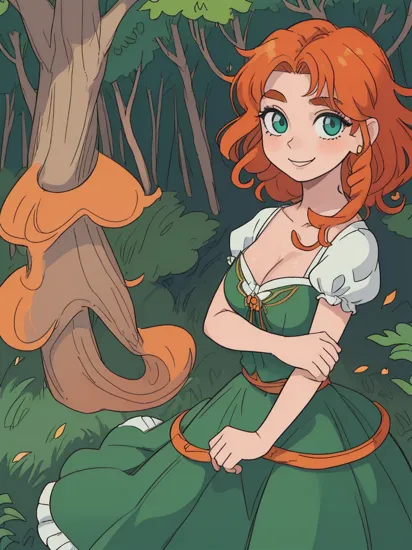 ((masterpiece, best quality:1.2),
MeridaWaifu,merida from disney,(beautiful skin:1.2),15 years old,beautiful face,round face,(beautiful eyes:1.4),green eyes,orange hair,dress,small breasts,
outdoors,in the dark forest,fearless smile,standing with folded arms,cowboy shot  