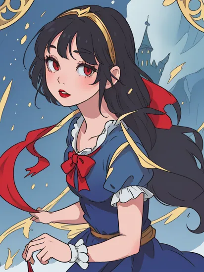 DarkSurrealism, Snow White, the protagonist of the classic fairy tale. Snow White is often depicted as a young woman with fair skin, black hair, and bright red lips. She is typically shown wearing a blue and gold dress with a red bow in her hair.
