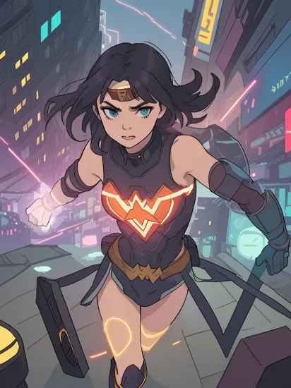 neon light,In a dystopian future, Wonder Woman, adorned in (sleek:1.3) cybernetic armor, stands tall amidst the neon-lit cityscape. Her (glowing:1.4) lasso of truth crackles with electric energy, symbolizing her unwavering resolve. With (enhanced:1.2) strength and agility, she fights against the oppressive forces of a technocratic regime, embodying the spirit of rebellion. Surrounded by a backdrop of towering skyscrapers and flickering holographic billboards, Wonder Woman becomes a beacon of hope in this cyberpunk world, inspiring others to rise against injustice. masterpiece, best quality, low quality, absurdres , ,, (8k, RAW photo, best quality, masterpiece:1.2), (realistic, photo-realistic:1.37), ultra highres,chromatic aberration, Broad lighting, natural shading,Fujifilm XT3,masterpiece,ultra detailed,