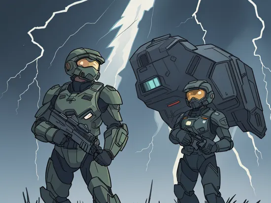 masterpiece, illustration of the Master Chief standing menacingly and lightnings behind him, dark background