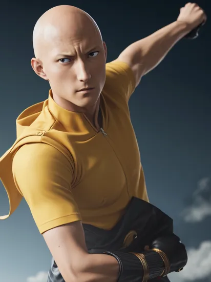 ncrender of saitama from one punch man as a hero of justice who can defeat any enemy in a single punch,simple background,black background