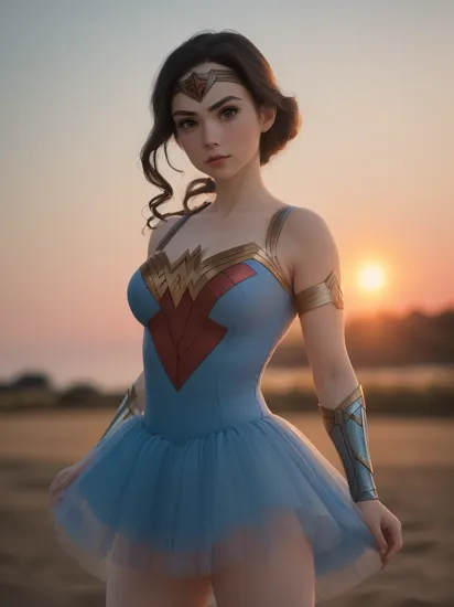 a woman dressed with wonder woman cosplay ballet dress, (wearing ballet dress with blue tutu:1.3), sunset,
good hand,4k, high-res, masterpiece, best quality, head:1.3,((Hasselblad photography)), finely detailed skin, sharp focus, (cinematic lighting), night, soft lighting, dynamic angle, [:(detailed face:1.2):0.2], medium breasts, outside,   <lyco:wonder_woman_ballet_dress:0.35>