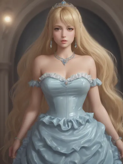 professional detailed (medium shot) photo, (samus aran) dressed in (frilly latex (blue dress:1), (long straight blonde hair), (jewelry, strapless princess dress, princess crown, jewel brooch, frilly sleeves), (perfect face, beautiful face, symmetric face), (shiny glossy translucent clothing, gleaming oily latex fabric :1.1)
ultra wide angle shot, cinematic style, 8k, RAW photo, photo-realistic, masterpiece, best quality, absurdres, incredibly absurdres, huge filesize, extremely detailed, High quality texture, Cinematic Lighting, physically-based rendering, Ray tracing,