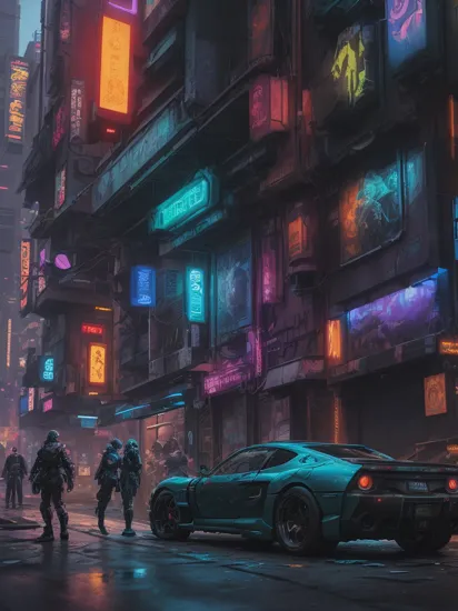 Two people, Cortana and Master Chief rudely vandalizing a cyberpunk car in a colorful cyberpunk city, vandalism, damaged cyberpunk car, reimagined in a cyberpunk universe, cyberpunk cityscape, cyberpunk, cyberpunk style, glowing neon light, detailed background, masterpiece, best quality, high quality, absurdres, vivid 
